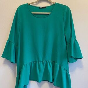 Gibson Teal Flounce Sleeve Blouse